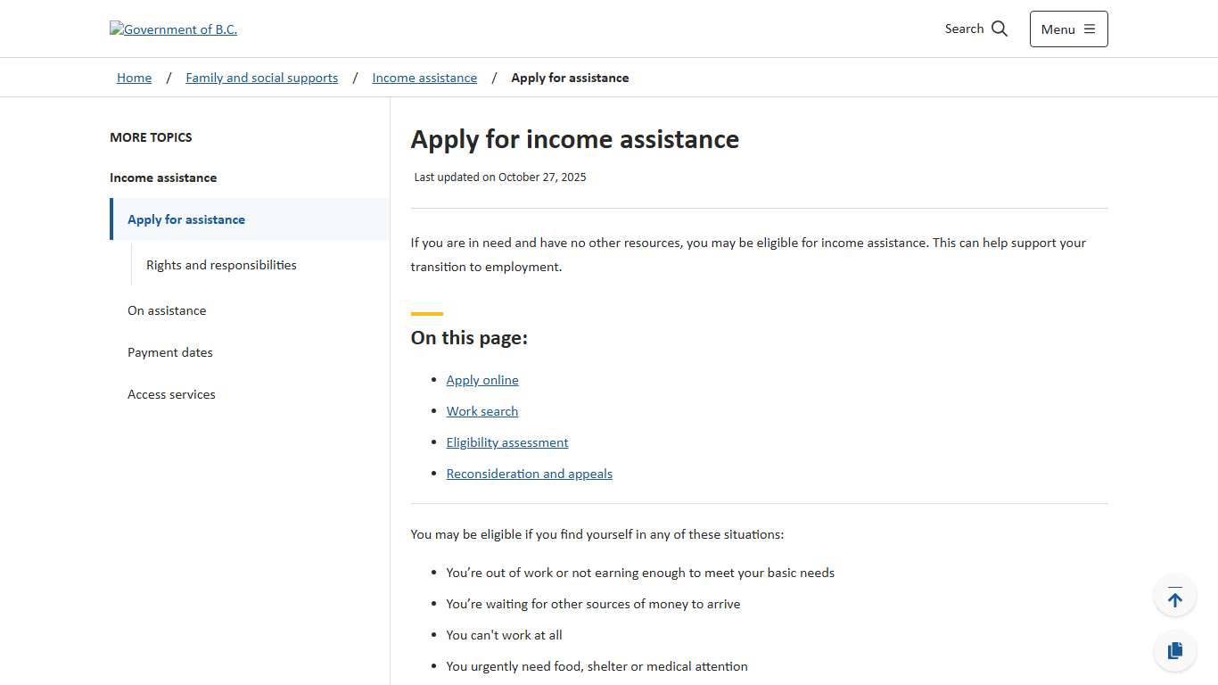 Apply for income assistance - Province of British Columbia